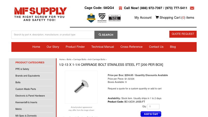 1/2-13 X 1-1/4 Carriage Bolt Stainless Steel FT