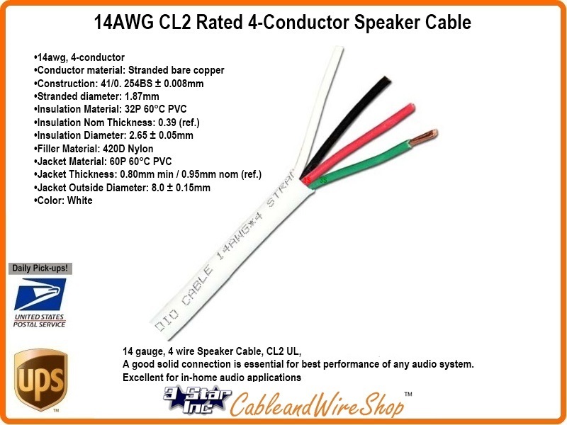 14 AWG CL2 Rated 4 Conductor Speaker Cable 14/4 41 Strand 500 ...