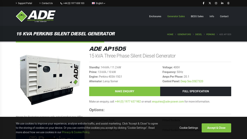 15 kVA ADE Perkins AP15D5 Silent Diesel Generator