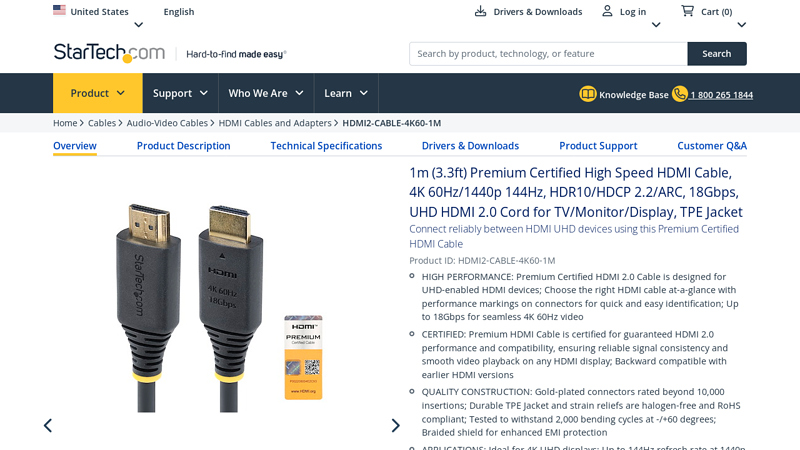 1m (3.3ft) Premium Certified High Speed HDMI Cable, 4K 60Hz ...