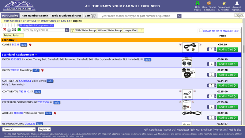 2012 CHEVROLET CRUZE 1.8L L4 Timing Belt & Component Kit