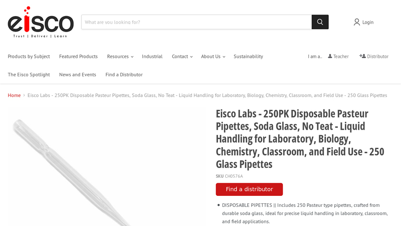 250PK Disposable Pasteur Pipettes, Soda Glass, No Teat