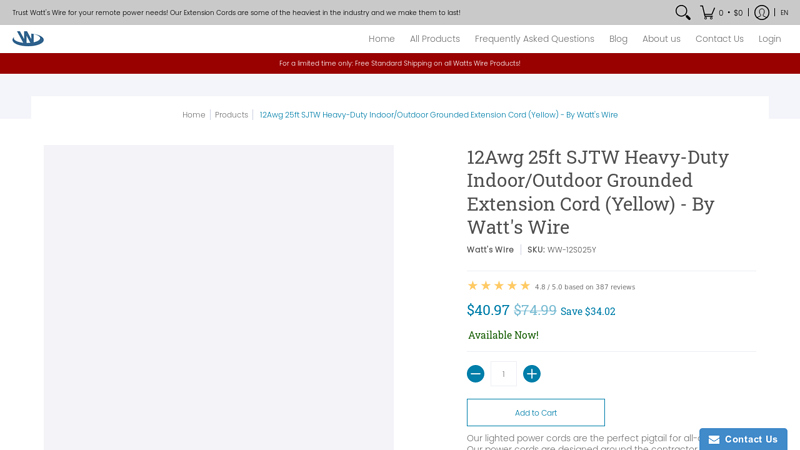 25ft 12Awg SJTW UL Extension Cord (Yellow)