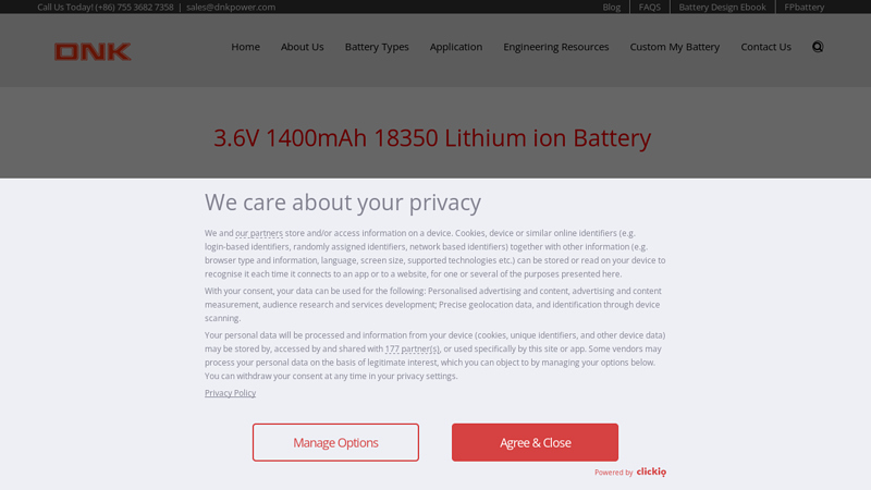 3.6V 1400mAh 18350 Lithium ion Battery
