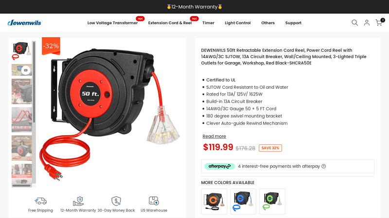 50ft Retractable Extension Cord Reel