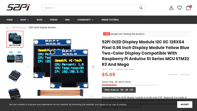 52Pi OLED Display Module I2C IIC 128X64 Pixel 0.96 Inch Display ...