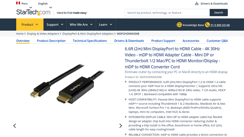 6.6ft (2m) Mini DisplayPort to HDMI Cable