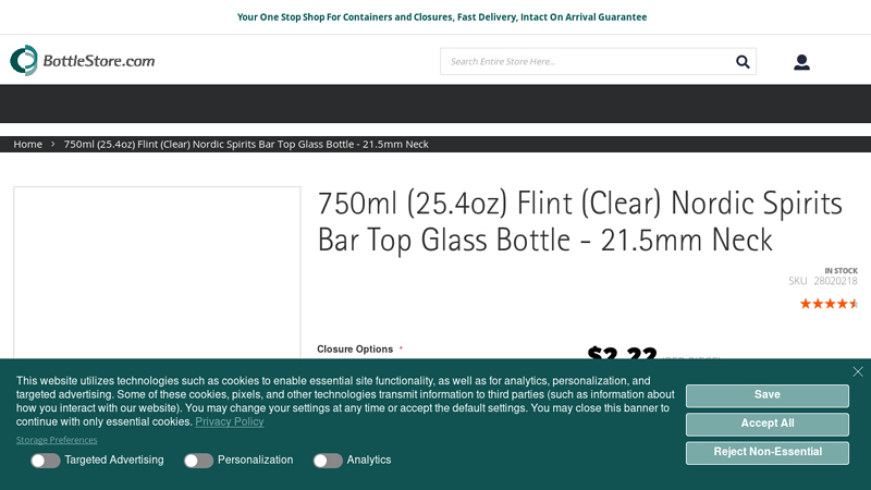 750ml (25.4oz) Flint (Clear) Nordic Spirits Bar Top Glass Bottle