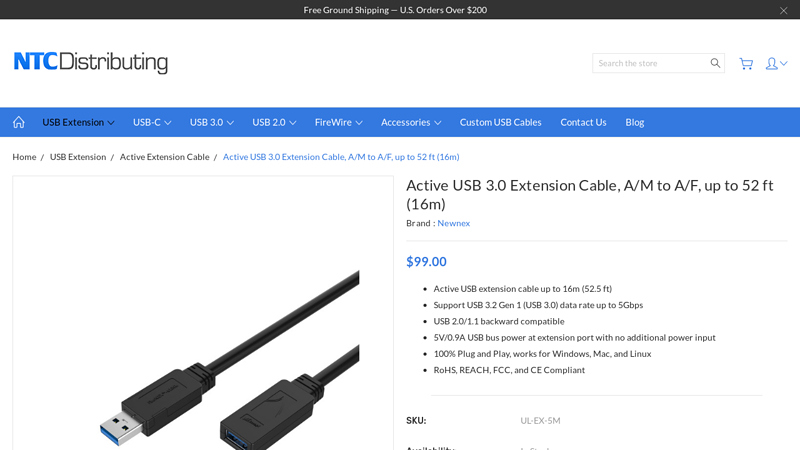 Active USB 3.0 Extension Cable, A/M to A/F, up to 52 ft (16m)