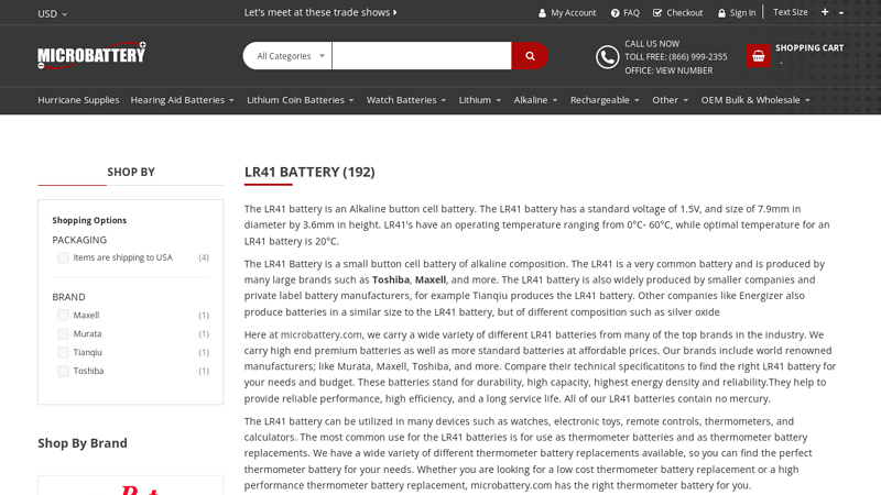 Alkaline R41 1.5V Batteries