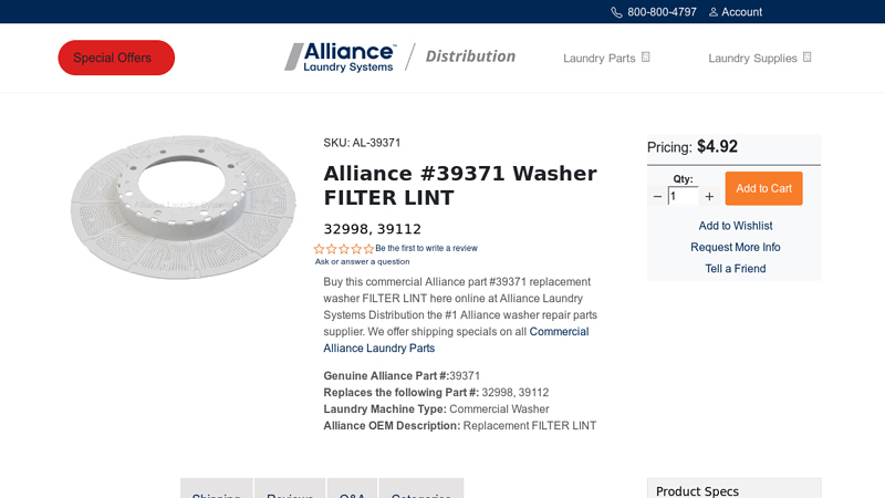 Alliance #39371 Washer FILTER LINT