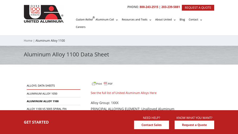 Aluminum Alloy 1100 Data Sheet