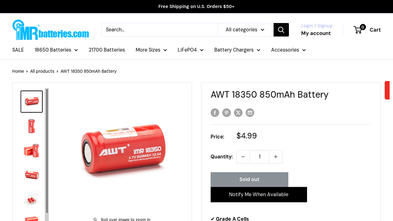 AWT 18350 850mAh Battery