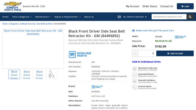 Black Front Driver Side Seat Belt Retractor Kit