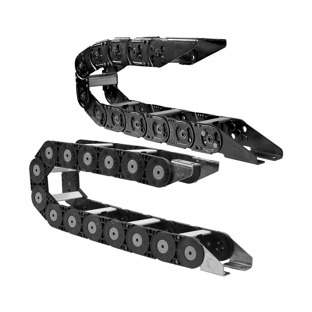 Cable carriers, polymer bearings, flexible cable, & linear slides