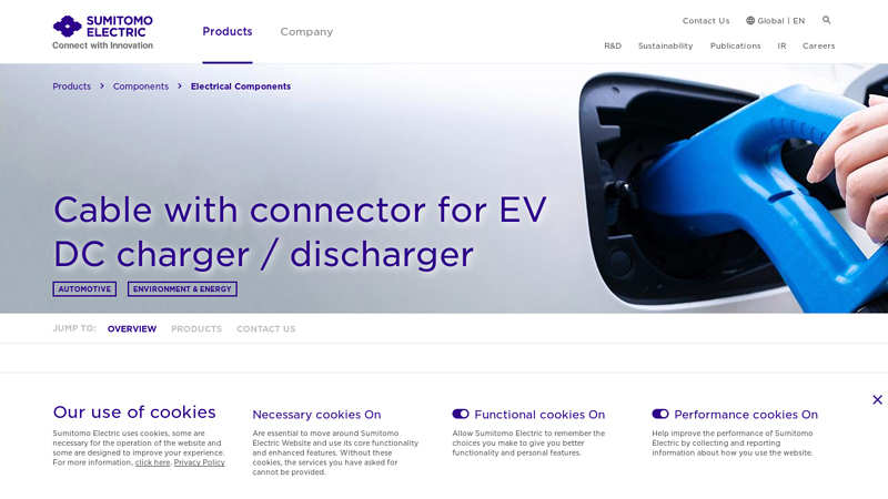 Cable with connector for EV DC charger / discharger