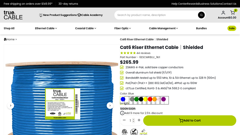 Cat6 Riser Ethernet Cable, Shielded