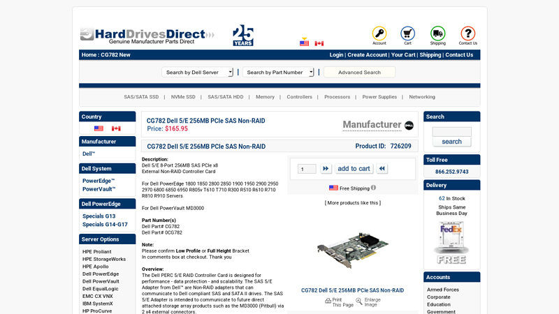 CG782 Dell 5/E 256MB PCIe SAS Non