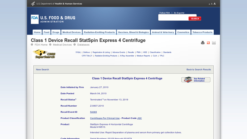 Class 1 Device Recall StatSpin Express 4 Centrifuge