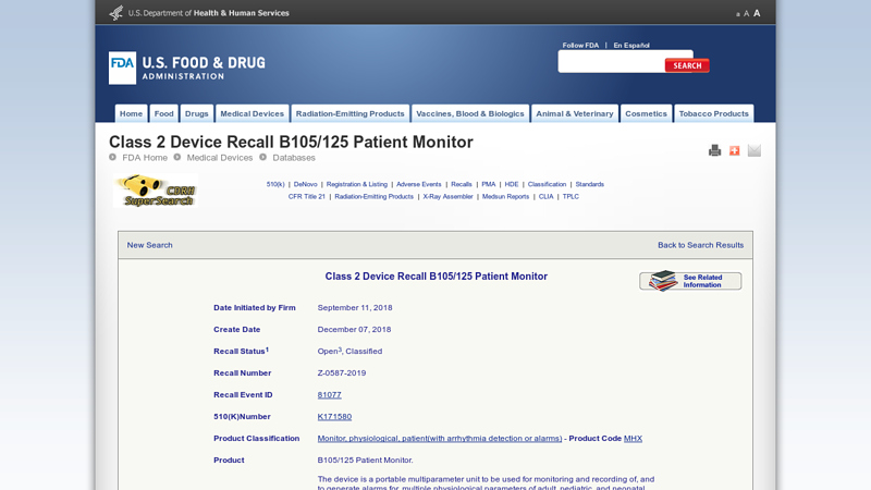 Class 2 Device Recall B105/125 Patient Monitor