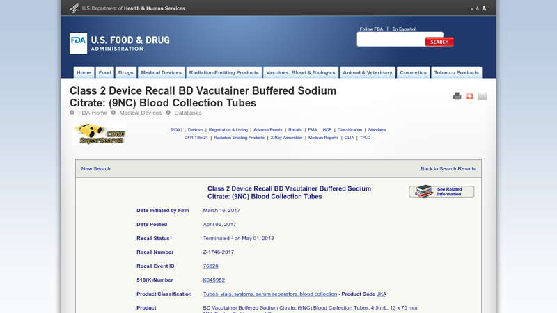 Class 2 Device Recall BD Vacutainer Buffered Sodium Citrate