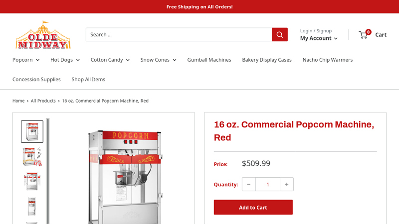 Commercial Popcorn Machine with 16 oz. Kettle, Red