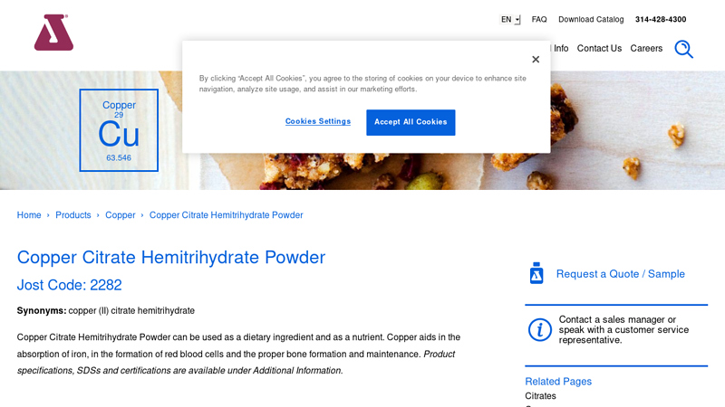 Copper Citrate Hemitrihydrate Powder, CAS Number 866