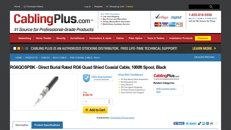 Direct Burial Rated RG6 Quad Shield Coaxial Cable