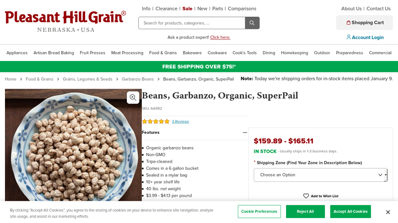 Dried organic garbanzo beans/chickpeas, nitro