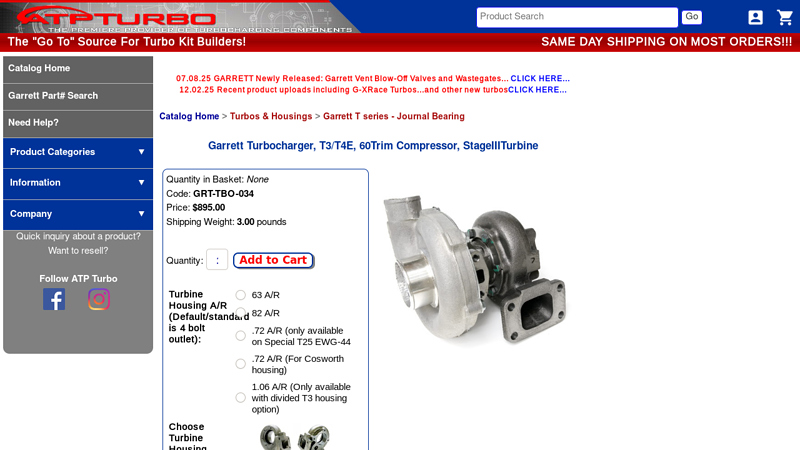 Garrett Turbocharger, T3/T4E, 60Trim Compressor, StageIIITurbine