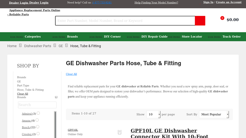 GE Dishwasher Parts Hose, Tube & Fitting