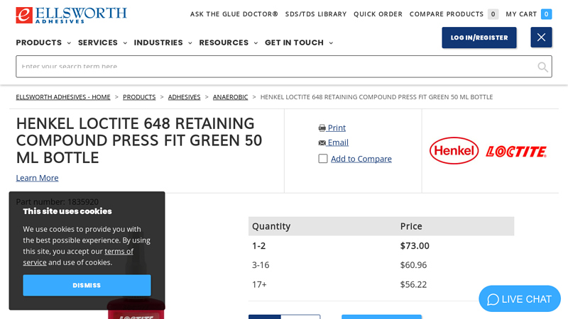 Henkel Loctite 648 Retaining Compound Press Fit Green 50 mL Bottle