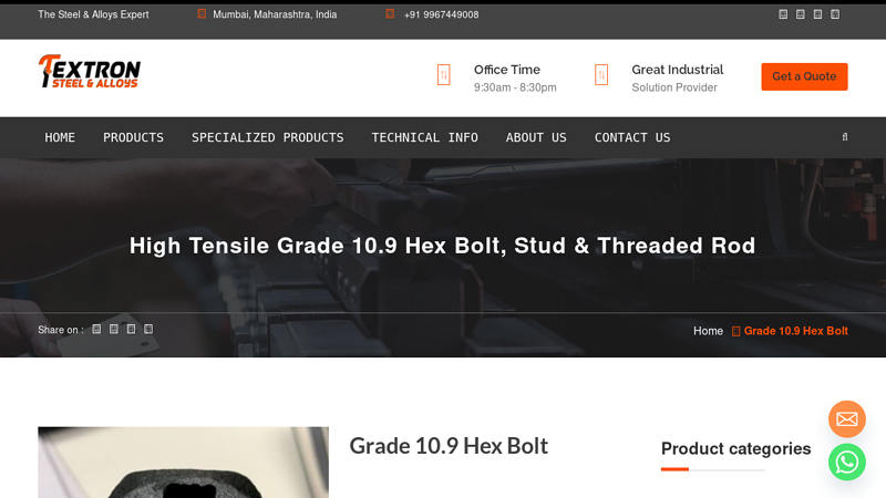 High Tensile Grade 10.9 Hex Bolt, Stud & Threaded Rod