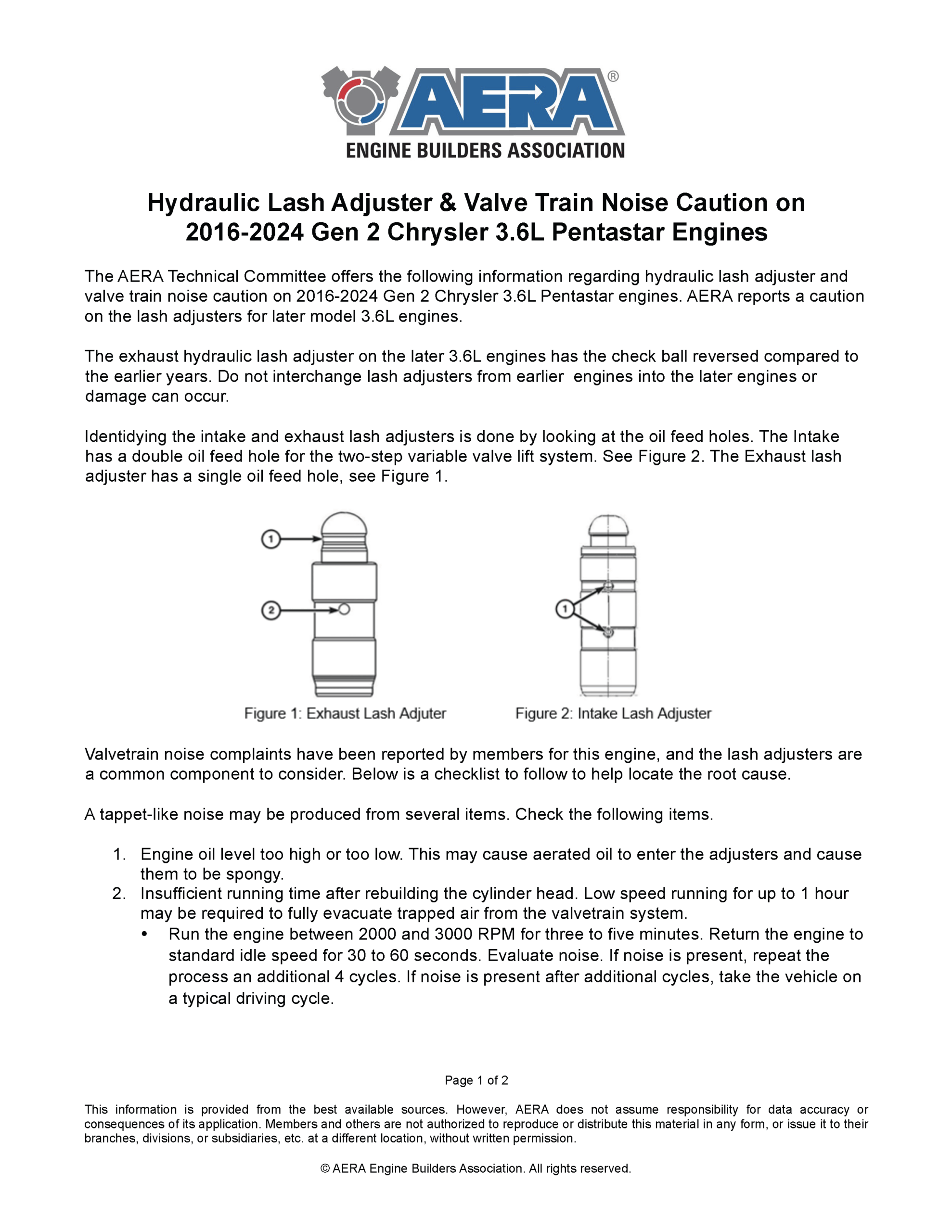 Hydraulic Lash Adjuster & Valve Train Noise Caution 2016