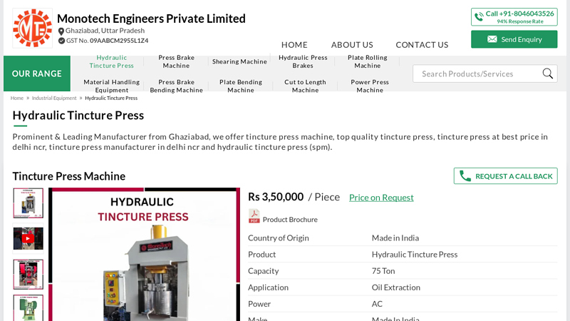 Hydraulic Tincture Press (SPM) Manufacturer from Ghaziabad