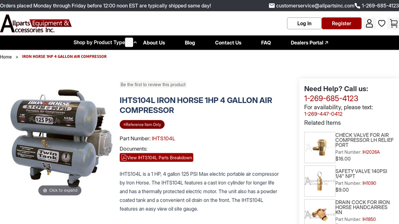 ihts104l iron horse 1hp 4 gallon air compressor