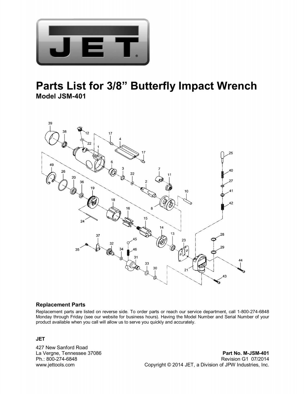 Jet Butterfly Impact Wrench Replacement Parts For Model JSM