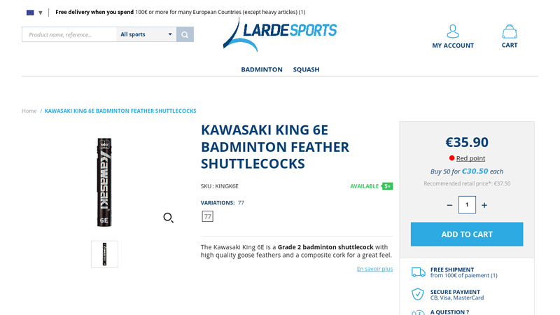 KAWASAKI KING 6E BADMINTON FEATHER SHUTTLECOCKS