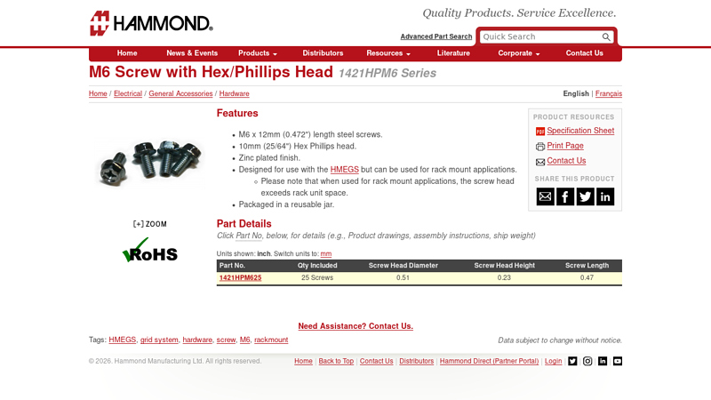 M6 Screw with Hex/Phillips Head (1421HPM6 Series)