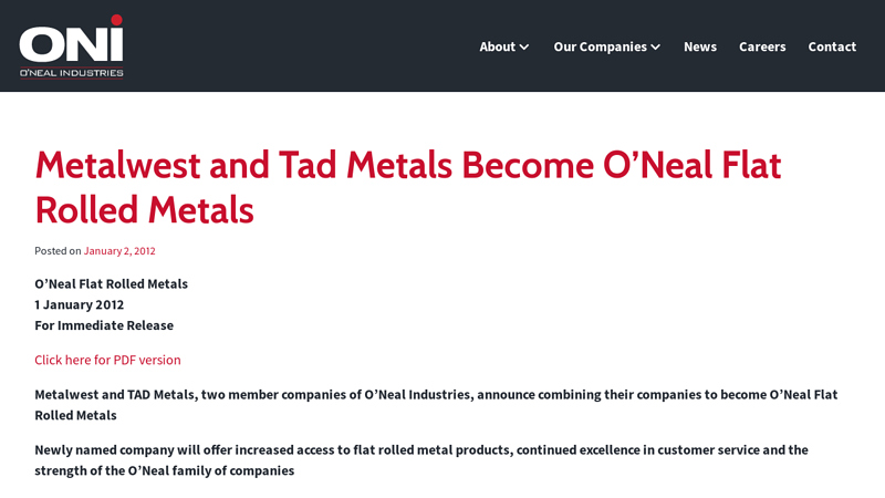 Metalwest and Tad Metals Become O'Neal Flat Rolled Metals