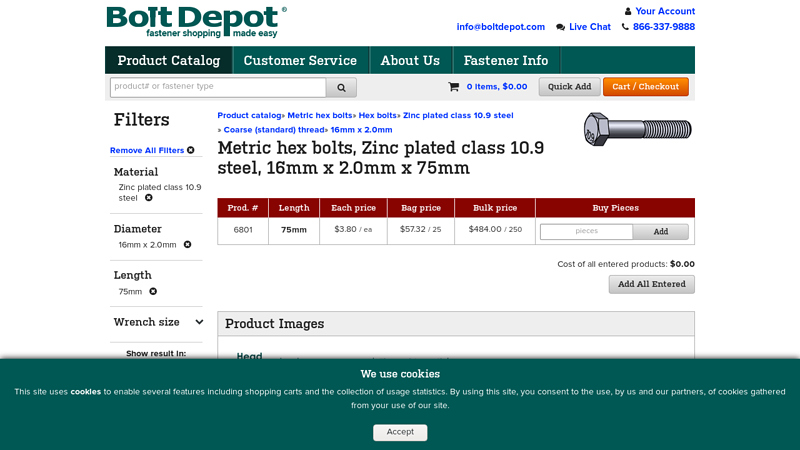 Metric hex bolts, Zinc plated class 10.9 steel, 16mm x 2.0mm x 75mm