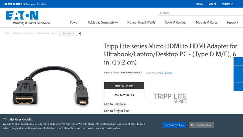 Micro HDMI to HDMI Adapter, Type D, M/F, 6 in