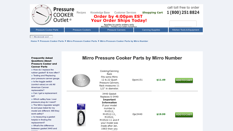 Mirro Pressure Cooker Parts by Mirro Number