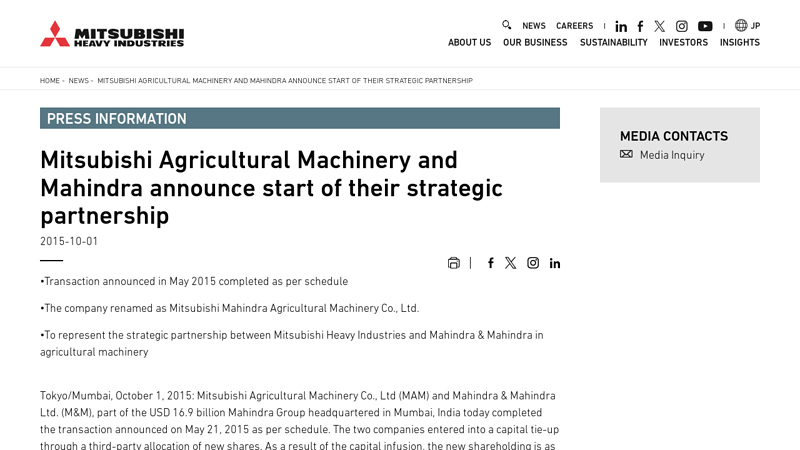 Mitsubishi Agricultural Machinery and Mahindra announce start of ...
