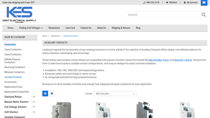 Motor Control Auxiliary Contacts for Contactors: Front & Side