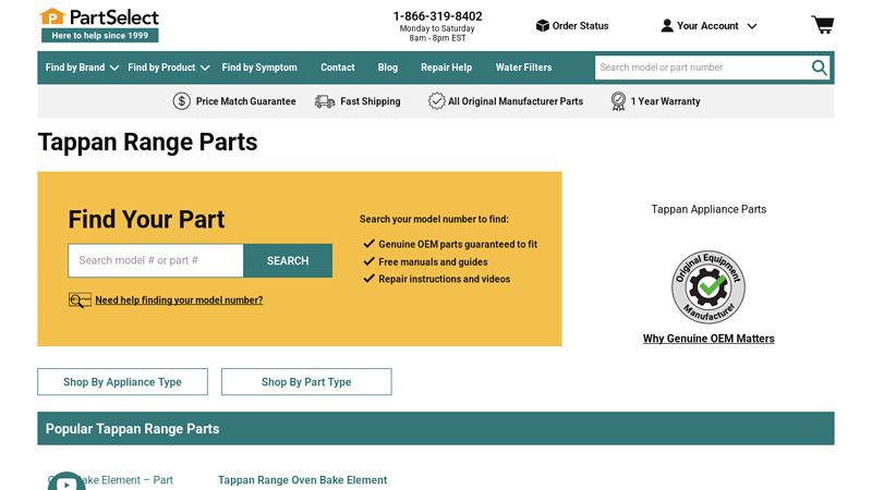 Official Tappan Range Parts