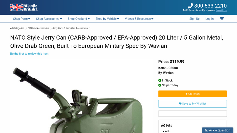 Olive Drab Jerry Can, Metal, 20 L, CARB Compliant