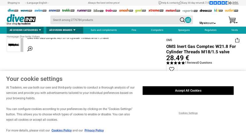 OMS Inert Gas Comptec W21.8 For Cylinder Threads M18/1.5 valve