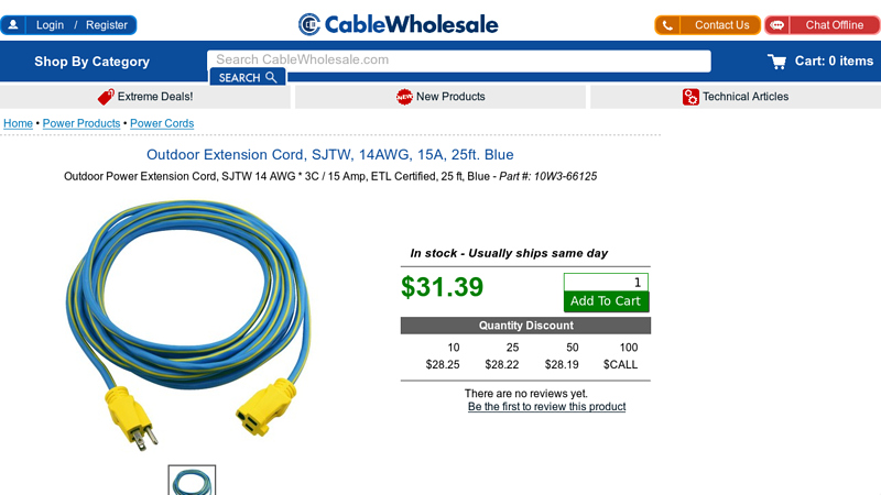 Outdoor Extension Cord, SJTW, 14AWG, 15A, 25ft. Blue