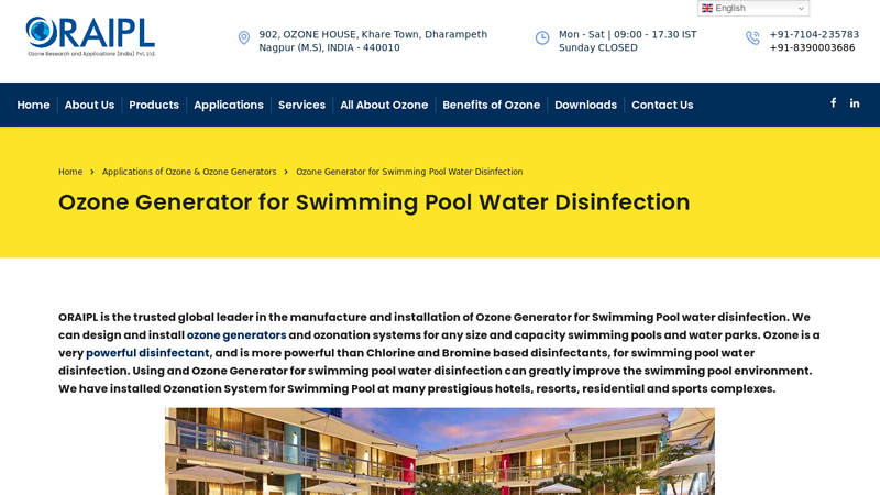 Ozone Generator for Swimming Pool Water Disinfection